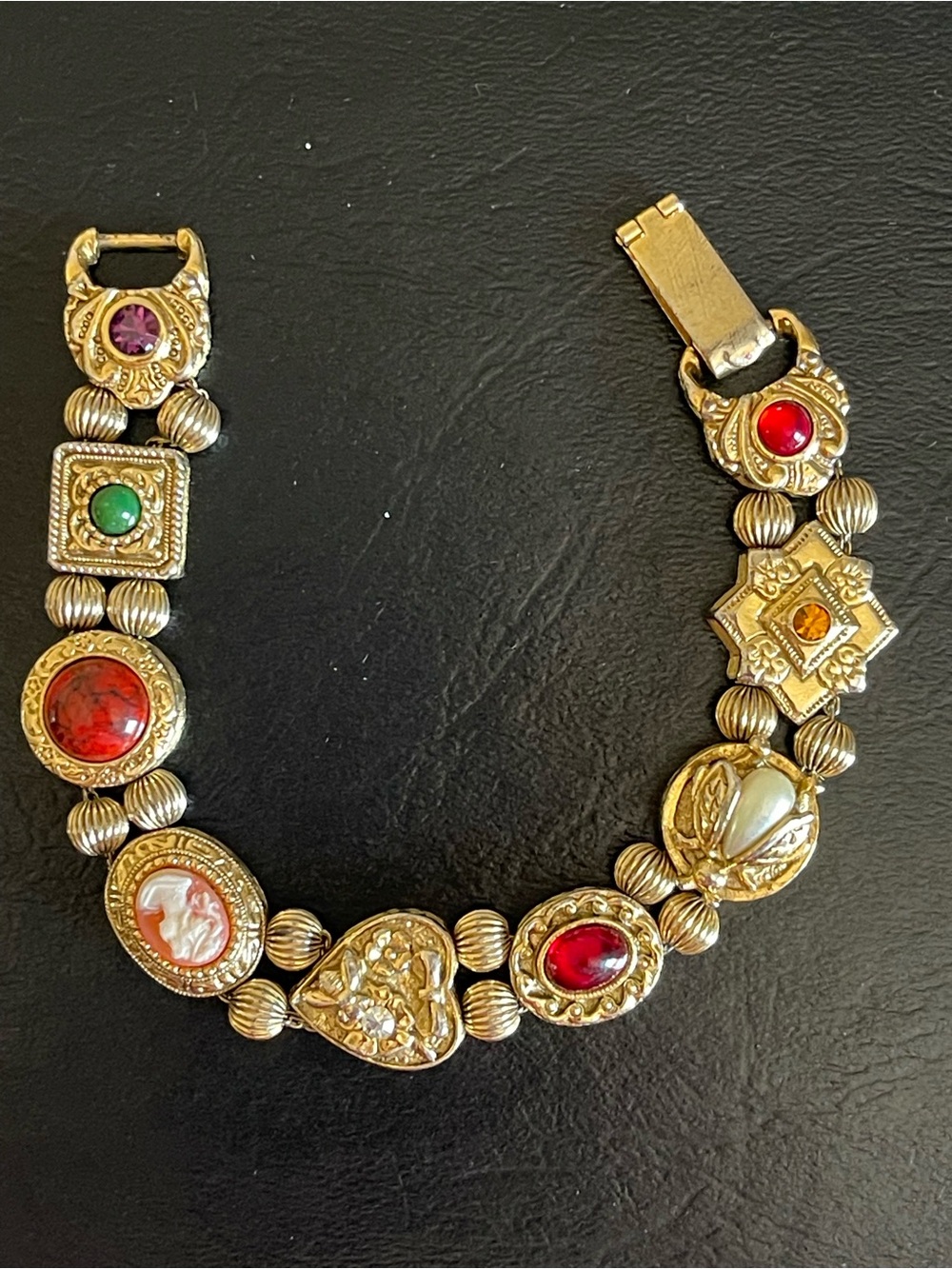 Vintage Gold-Tone Multi-Color rhinestone & cameo slide Charm Bracelet